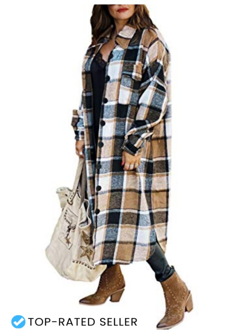 UANEO Women's Plaid Flannel Trench Coat Button Down Long Shacket